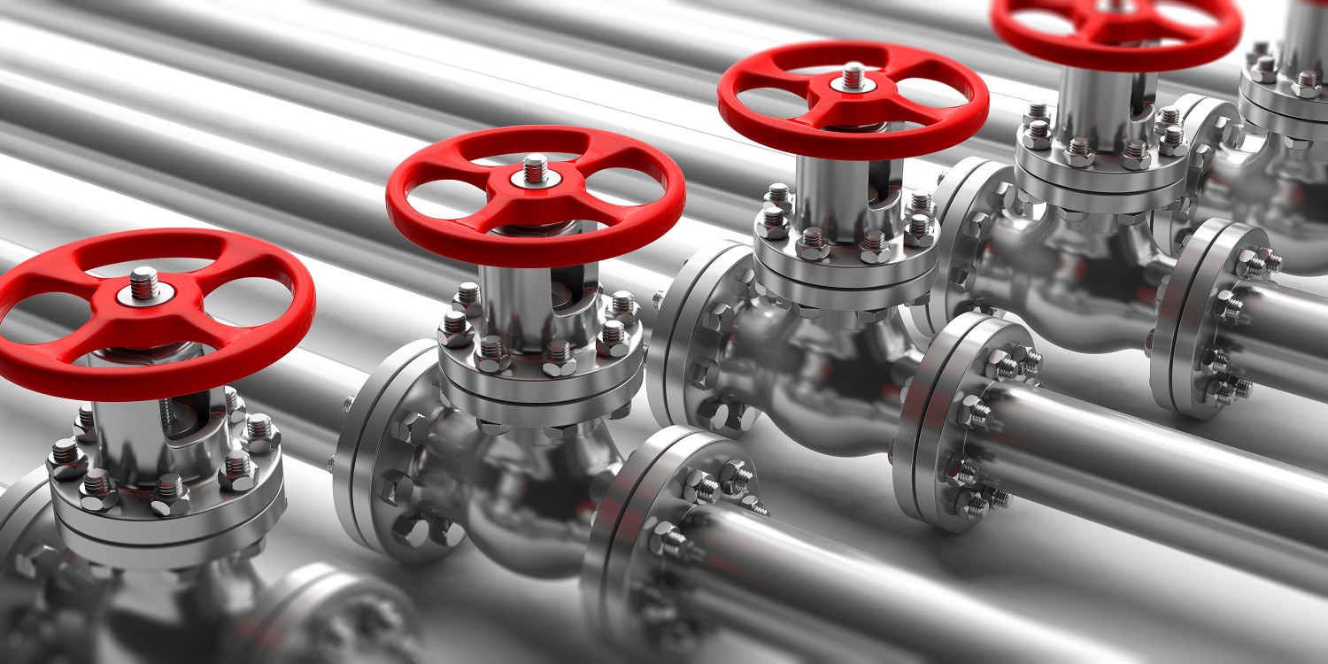 Industrial pipelines and valves with red wheels on white background. Closeup view with details. 3d illustration